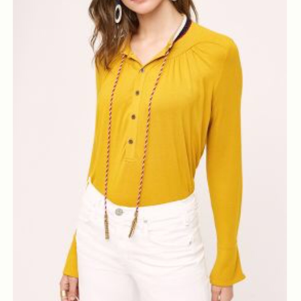 Anthropologie Yellow button down long- sleeve top